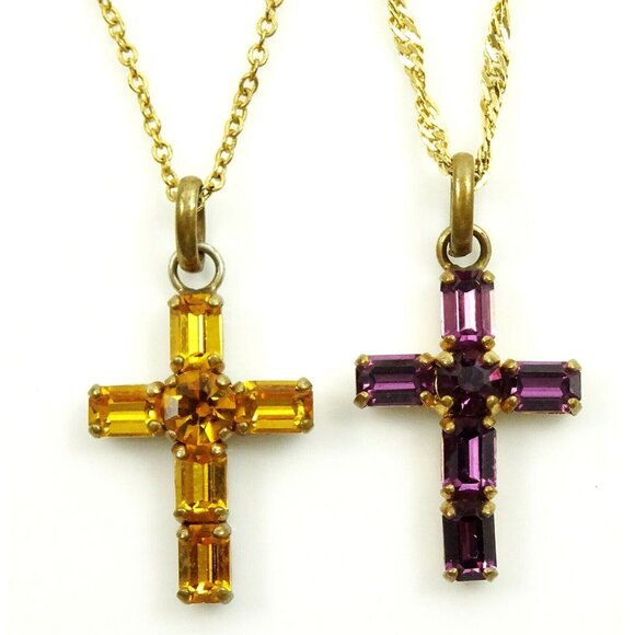Cross Necklace Lot of 2 Necklaces Purple and Yellow Stone Religious Jewelry - Picture 1 of 4
